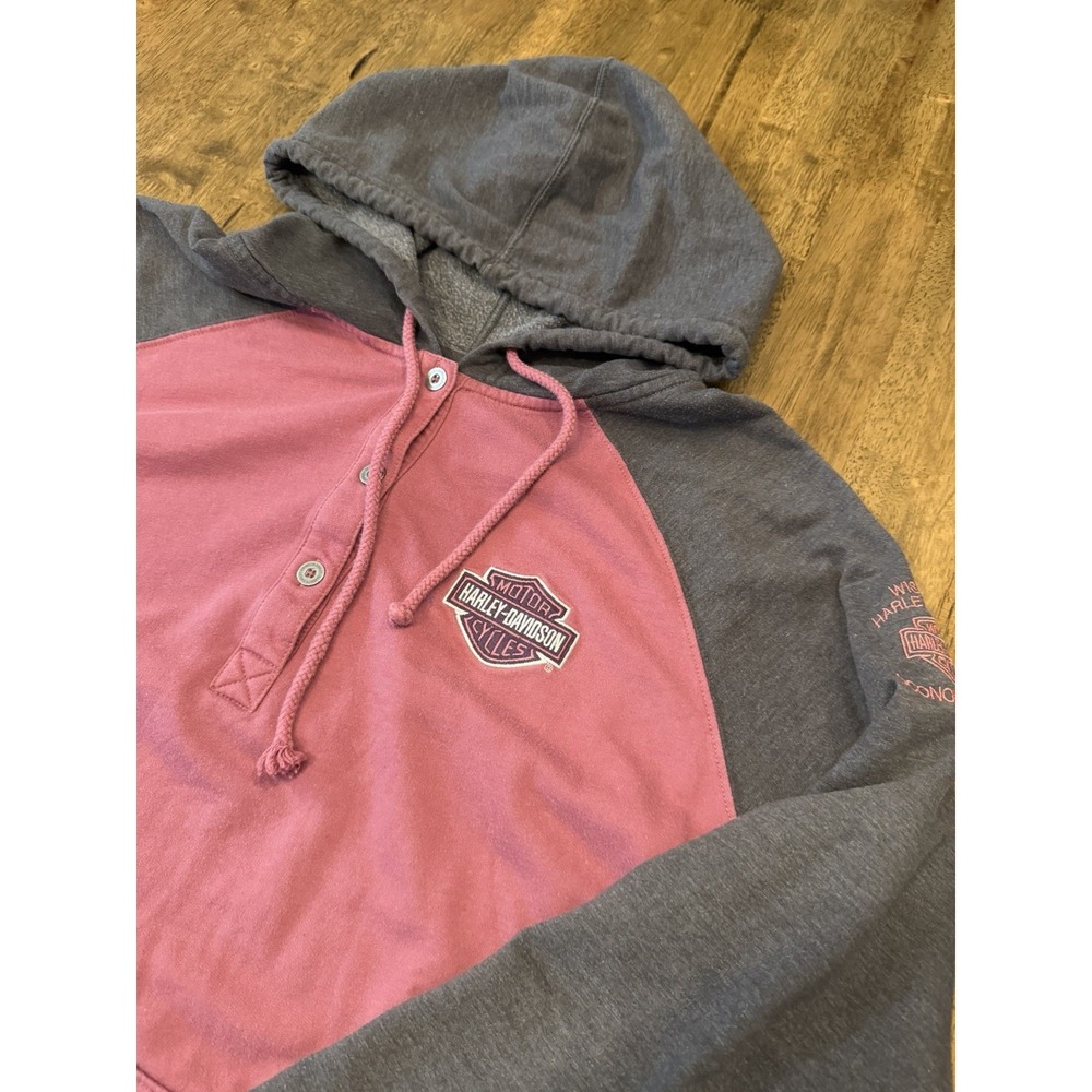 Harley-Davidson Womens 2X Henley Hoodie Sweatshirt Pink Gray Wisconsin Dealer
